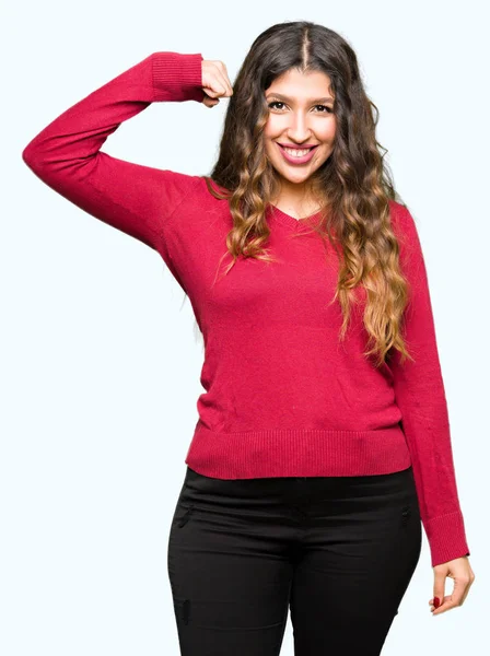 Mujer Hermosa Joven Con Suéter Rojo Persona Fuerte Que Muestra — Foto de Stock