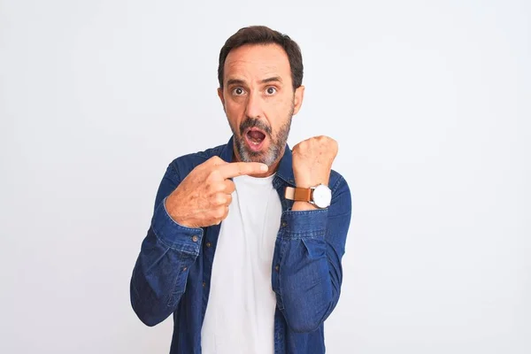 Middle Age Handsome Man Wearing Blue Denim Shirt Standing Isolated — Stock Photo, Image