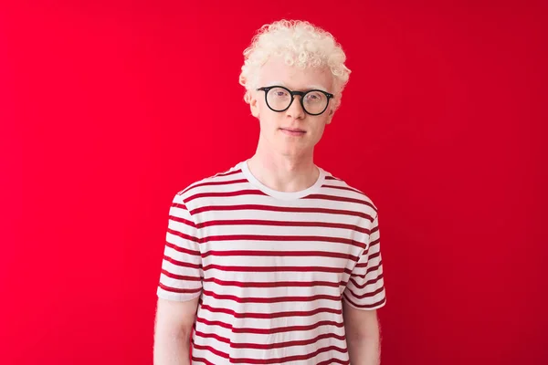 Young Albino Blond Man Wearing Striped Shirt Glasses Isolated Red — Stock Photo, Image