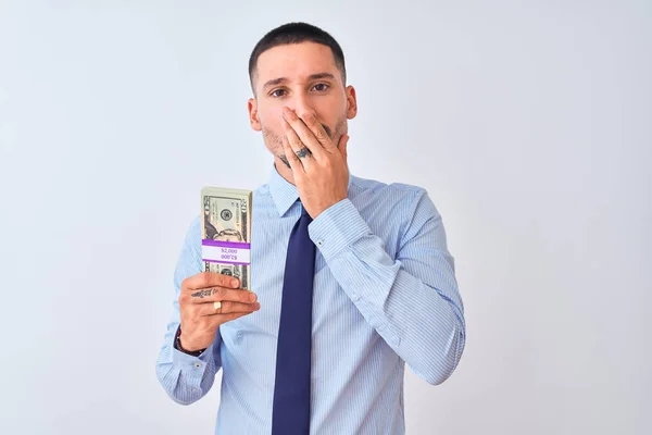 Jovem Homem Negócios Bonito Segurando Monte Dólares Notas Bancárias Sobre — Fotografia de Stock