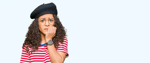 Young Beautiful Woman Curly Hair Wearing Glasses Fashion Beret Looking — Stock Photo, Image