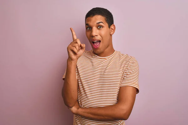 Young Handsome Arab Man Wearing Striped Shirt Standing Isolated Pink — 图库照片