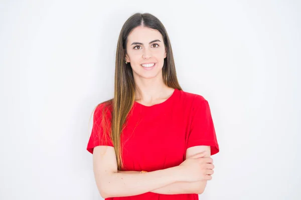 Mujer Hermosa Joven Vistiendo Casual Camiseta Roja Sobre Fondo Blanco —  Fotos de Stock