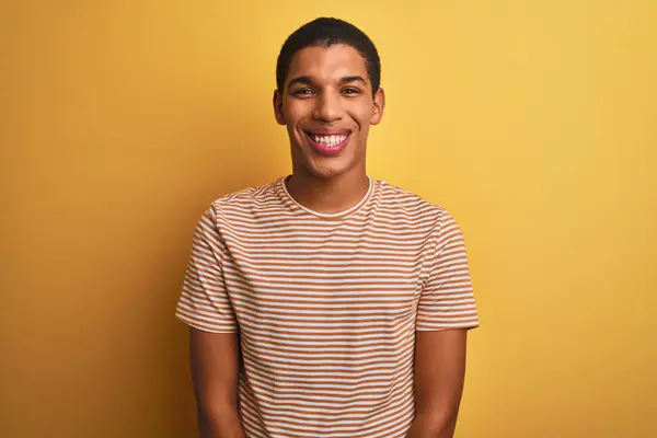 Young Handsome Arab Man Wearing Striped Shirt Standing Isolated Yellow — 图库照片