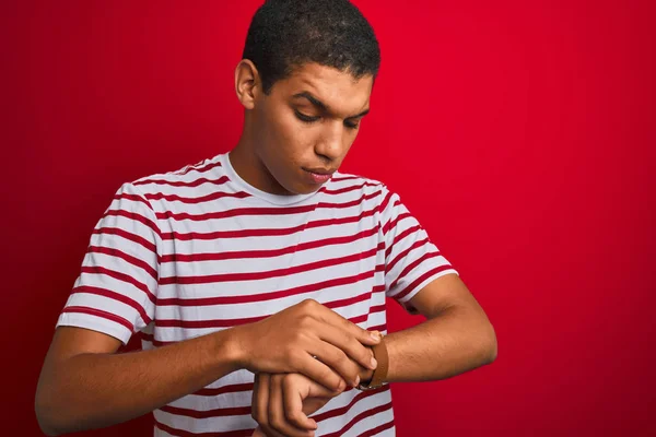 Young Handsome Arab Man Wearing Striped Shirt Isolated Red Background — 图库照片
