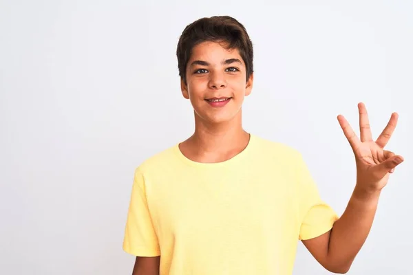 Красивый Подросток Стоящий Белом Изолированном Фоне Показывающий Пальцами Номер Три — стоковое фото