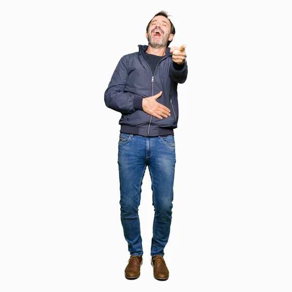 Middle Age Handsome Man Wearing Jacket Laughing You Pointing Camera — Stock Photo, Image