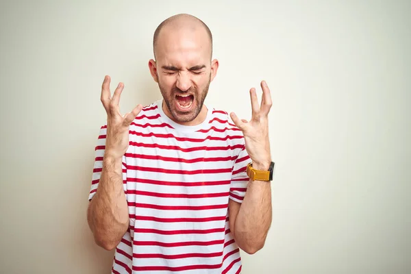 Young Bald Man Beard Wearing Casual Striped Red Shirt White — Stock Photo, Image