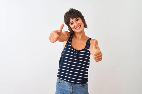 Young Beautiful Woman Wearing Striped Shirt Standing Isolated White Background — Stock Photo, Image