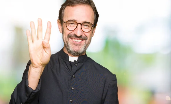 Middle Age Priest Man Wearing Catholic Robe Showing Pointing Fingers — Stock Photo, Image