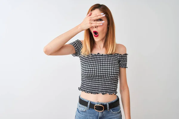 Beautiful Redhead Woman Wearing Casual Shirt Standing Isolated White Background — Stock Photo, Image