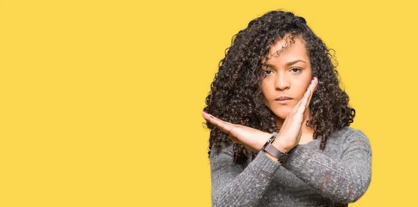 Young Beautiful Woman Curly Hair Wearing Grey Sweater Rejection Expression — Stock Photo, Image