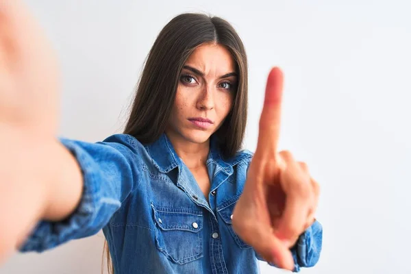 Beautiful Woman Wearing Denim Shirt Make Selfie Camera Isolated White — Stockfoto