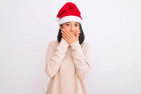 Joven Hermosa Mujer China Con Sombrero Navidad Santa Sobre Fondo —  Fotos de Stock