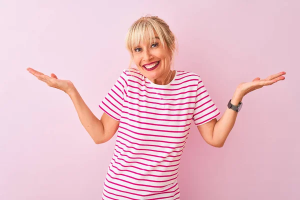 Middle Age Woman Wearing Striped Shirt Standing Isolated Pink Background — Stock Photo, Image