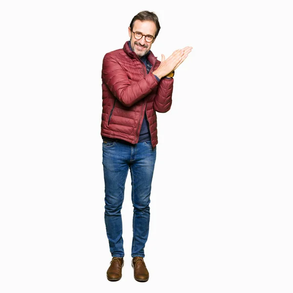 Middle Age Handsome Man Wearing Glasses Winter Coat Clapping Applauding — Stock Photo, Image