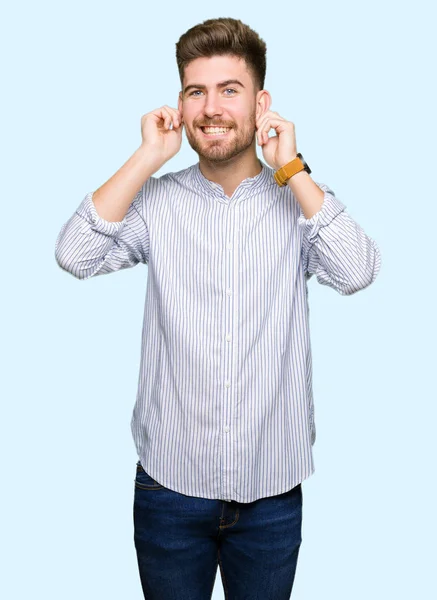 Young Handsome Man Smiling Pulling Ears Fingers Funny Gesture Audition — Stock Photo, Image