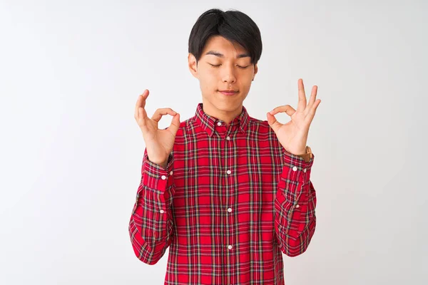 Young Chinese Man Wearing Casual Red Shirt Standing Isolated White — Stock Photo, Image