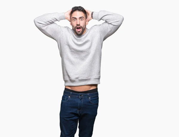 Young Handsome Man Wearing Sweatshirt Isolated Background Crazy Scared Hands — Stock Photo, Image