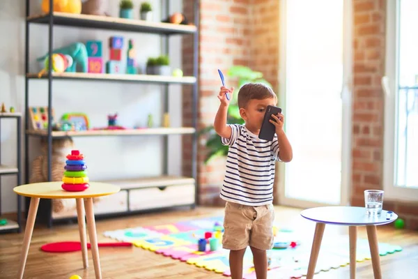 Beautiful Toddler Boy Talking Smartphone Kindergarten — Stock Photo, Image