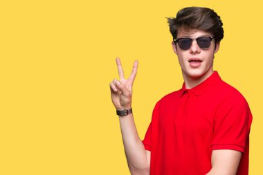 Genç yakışıklı adam mutlu yüz zafer işareti yaparken kameraya göz kırpıyor ile gülümseyen izole arka plan üzerinde güneş gözlüğü takıyor. İki numaralı.