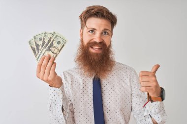 Genç kızıl saçlı İrlandalı işadamı izole beyaz arka plan üzerinde duran dolar tutan işaret ve mutlu yüzü gülümseyerek yan başparmak ile gösteren