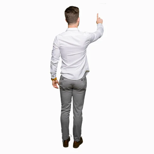 Young Handsome Business Man Posing Backwards Pointing Finger Hand — Stock Photo, Image