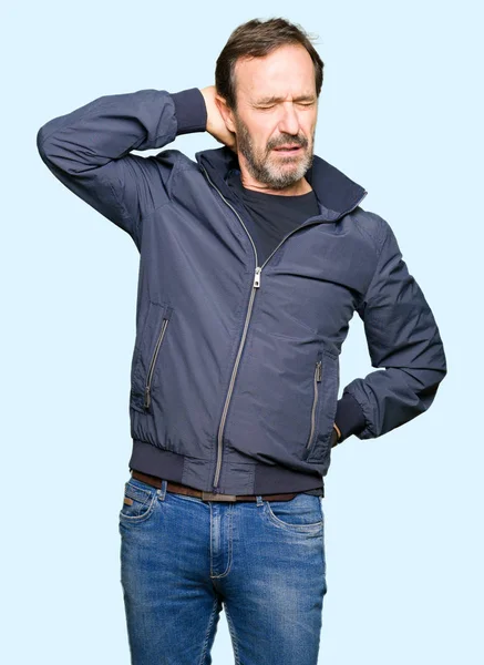 Middle Age Handsome Man Wearing Jacket Suffering Neck Ache Injury — Stock Photo, Image