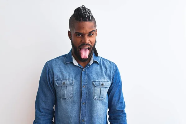 African American Man Braids Wearing Denim Shirt Isolated White Background — Stock Photo, Image