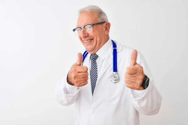 Senior Grey Haired Doctor Man Wearing Stethoscope Standing Isolated White — ストック写真