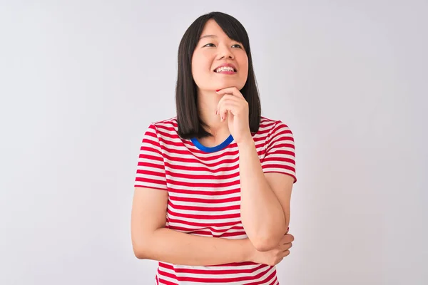 Young Beautiful Chinese Woman Wearing Red Striped Shirt Isolated White — Stock Photo, Image