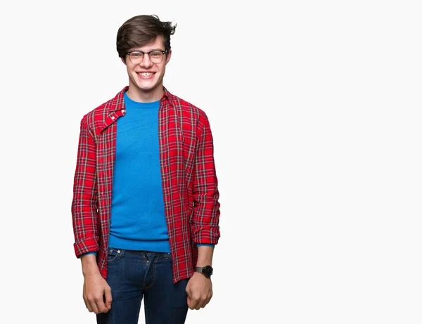 Junger Gutaussehender Student Mit Brille Vor Isoliertem Hintergrund Und Einem — Stockfoto