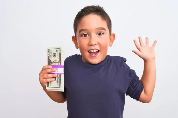 Schöner Kleiner Junge Mit Dollars Auf Isoliertem Weißem Hintergrund Sehr — Stockfoto