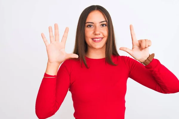 Junges Schönes Mädchen Rotem Lässigem Shirt Das Vor Isoliertem Weißem — Stockfoto