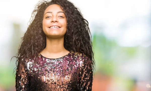 Young Beautiful Girl Curly Hair Wearing Night Party Dress Happy — Stock Photo, Image