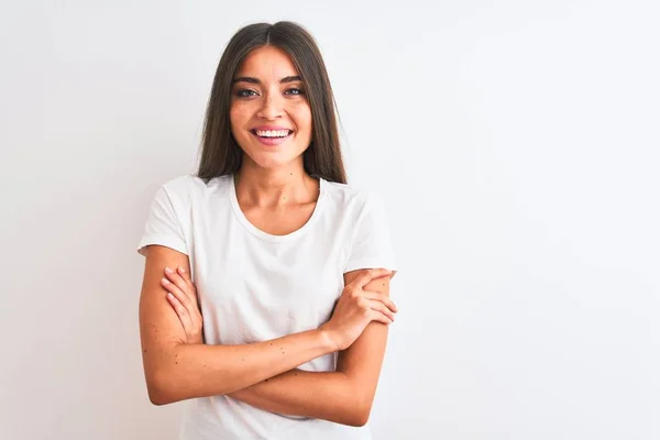 Ung Vacker Kvinna Klädd Casual Shirt Stående Över Isolerad Vit — Stockfoto