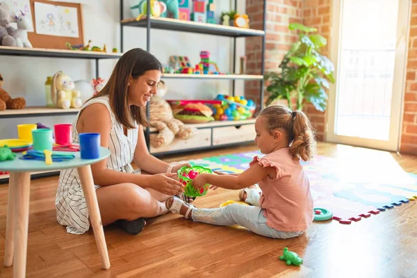 Beautiful Teacher Blond Student Toddler Girl Playing Meals Plastic Fruits — Stock Photo, Image