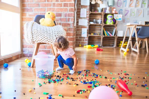 Young Beautiful Toddler Sitting Floor Playing Small Building Blocks Toy — Stock Photo, Image