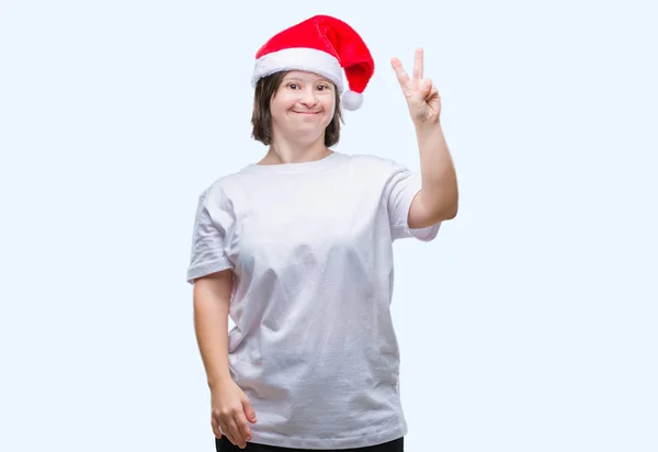 Giovane Donna Adulta Con Sindrome Indossando Cappello Natale Sfondo Isolato — Foto Stock