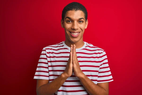 Young Handsome Arab Man Wearing Striped Shirt Isolated Red Background — 图库照片