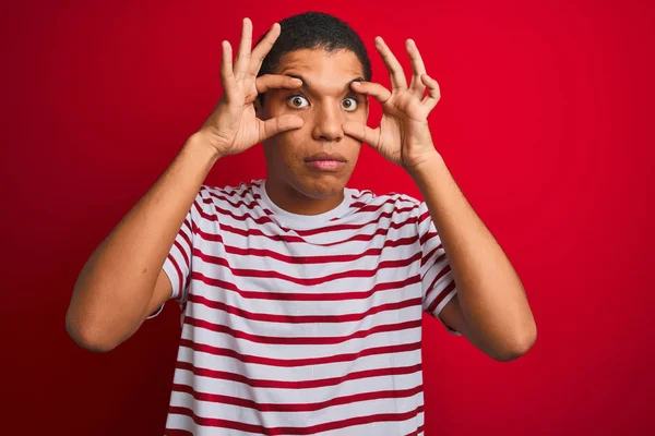 Young Handsome Arab Man Wearing Striped Shirt Isolated Red Background — 图库照片