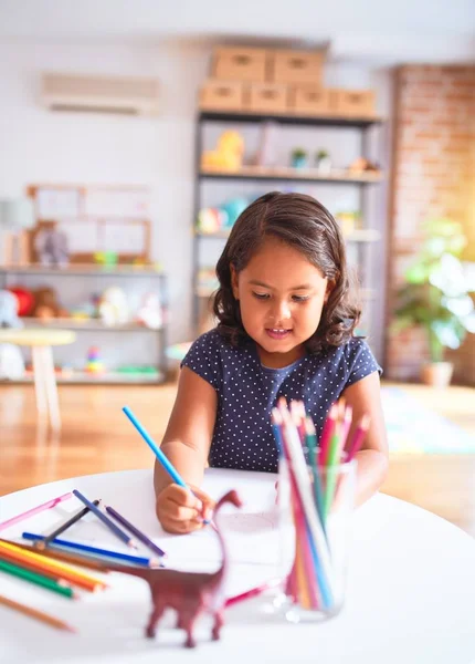 Beautiful Toddler Girl Drawing Cute Draw Using Colored Pencils Kindergarten — Stock Photo, Image