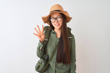 Chinese hiker woman wearing canteen hat glasses backpack over isolated white background showing and pointing up with fingers number four while smiling confident and happy.