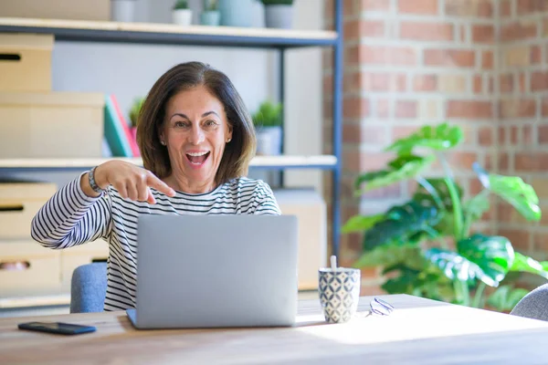 Mujer Mayor Mediana Edad Sentada Mesa Casa Trabajando Con Computadora — Foto de Stock