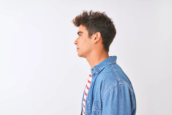Young Handsome Man Wearing Striped Shirt Denim Shirt Isolated White — Stock Photo, Image