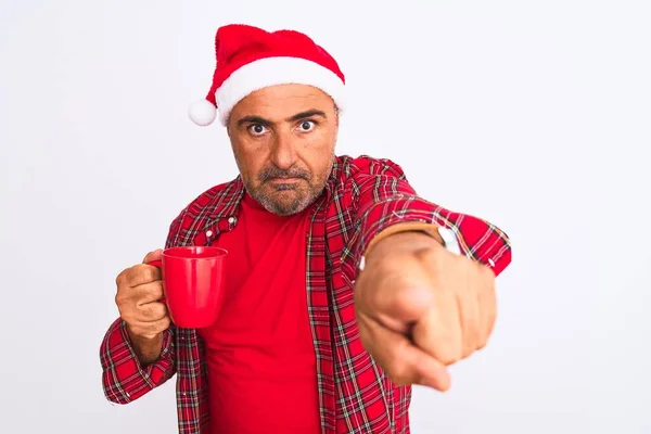 Hombre Mediana Edad Con Sombrero Navidad Santa Beber Café Sobre — Foto de Stock
