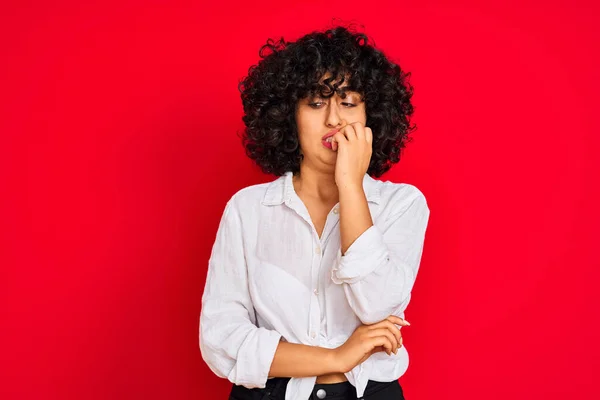 Young Arab Woman Curly Hair Wearing White Casual Shirt Isolated — Stock Photo, Image