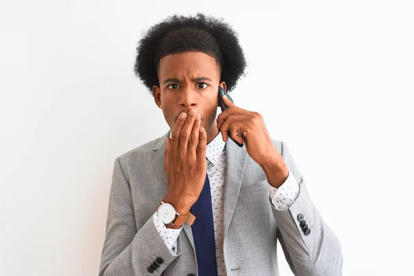 Africano Americano Empresário Falando Smartphone Sobre Isolado Branco Fundo Cobrir — Fotografia de Stock