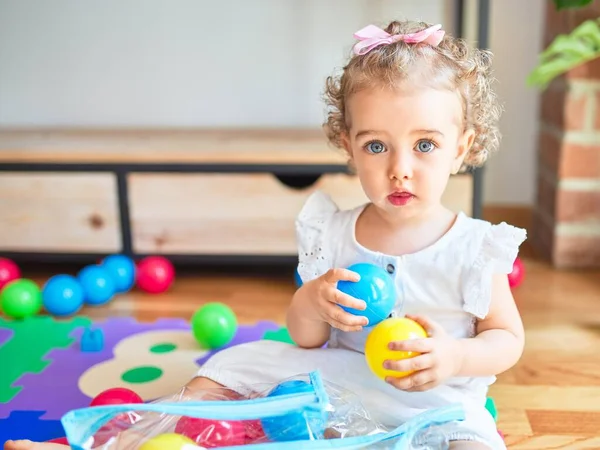 Beautiful Caucasian Infant Playing Toys Colorful Playroom Happy Playful Wth — Stock Photo, Image