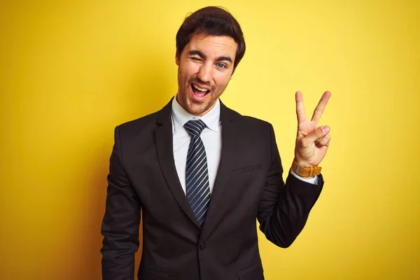 Young Handsome Businessman Wearing Suit Tie Standing Isolated Yellow Background — Stock Photo, Image